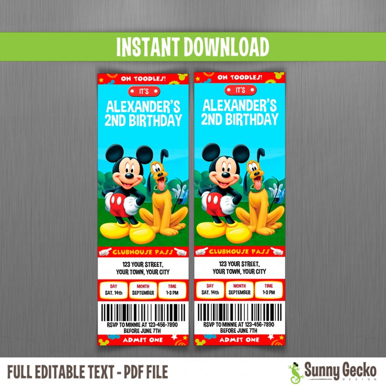 Mickey Mouse Clubhouse (Pluto) Birthday Ticket Invitations